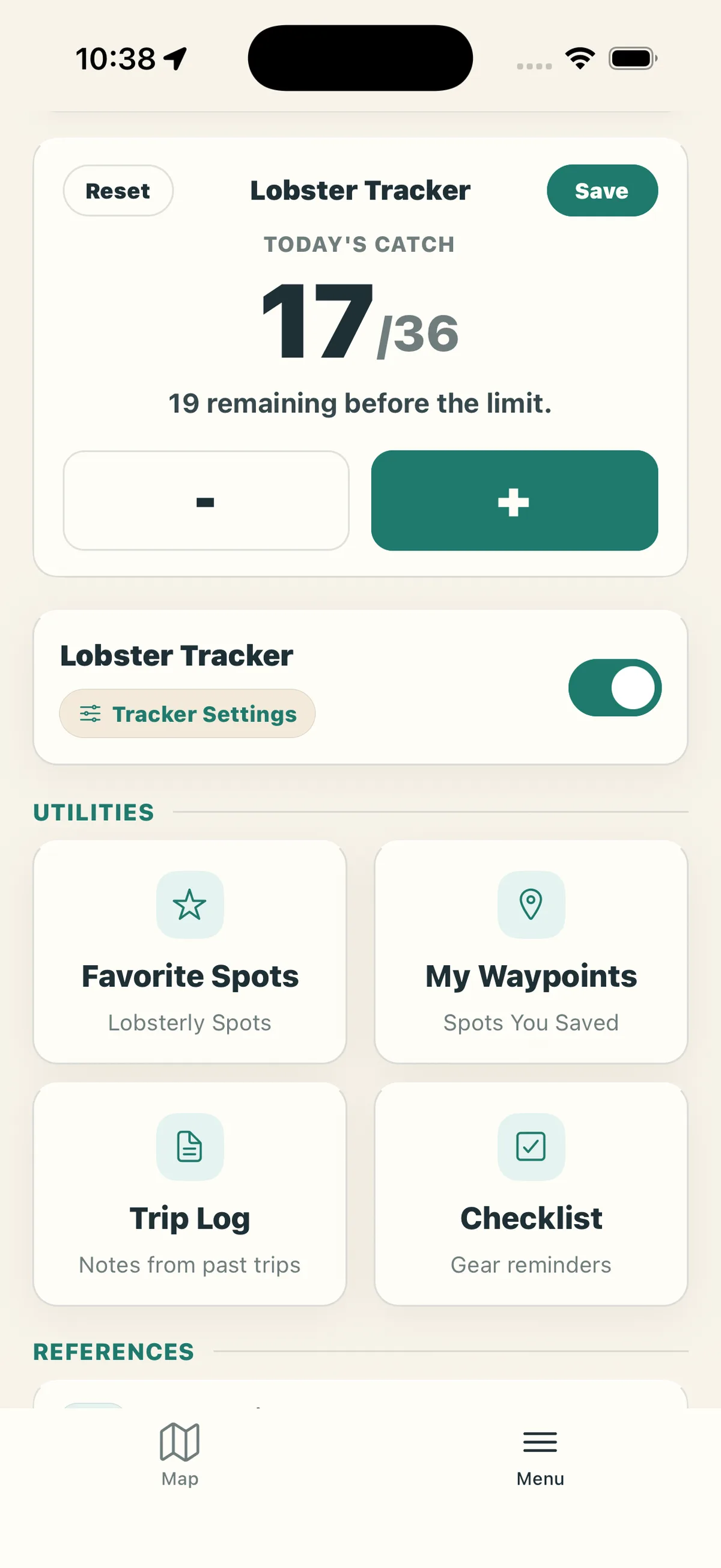 Lobsterly app, Lobster Tracker: Count your catch against the daily limit and save your trips to the log.