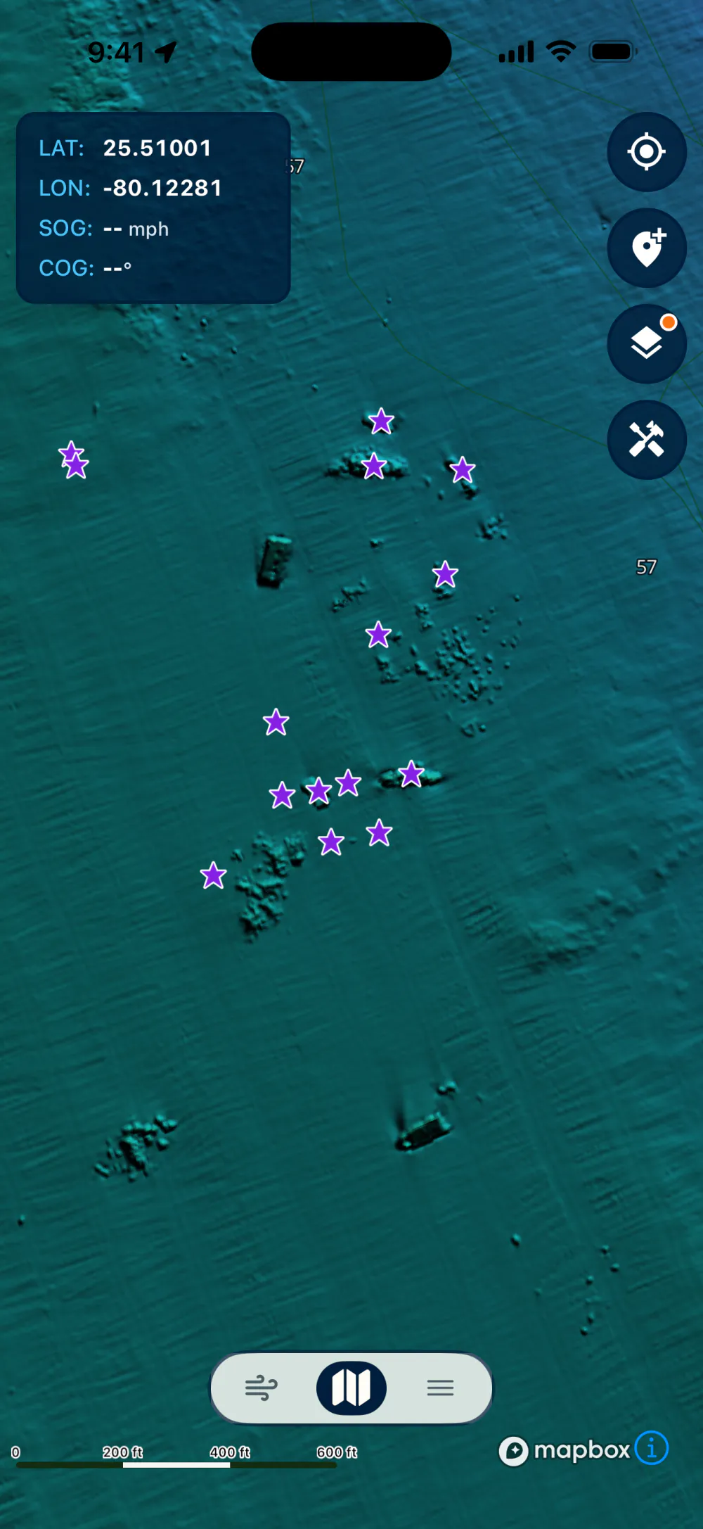 Lobsterly app: Artificial reef sites marked with purple stars over wrecks and rubble