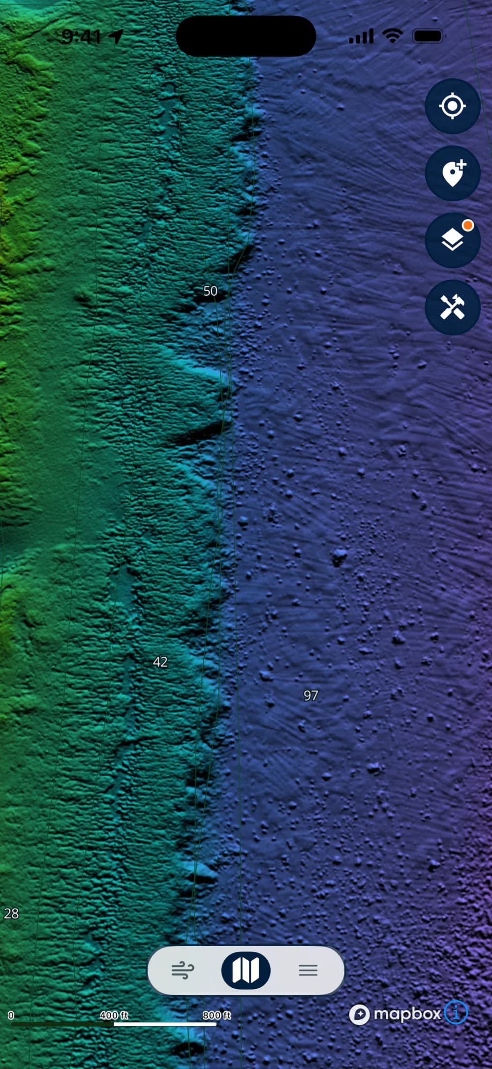 Lobsterly app: High-resolution shaded relief of a reef edge dropping into deeper water