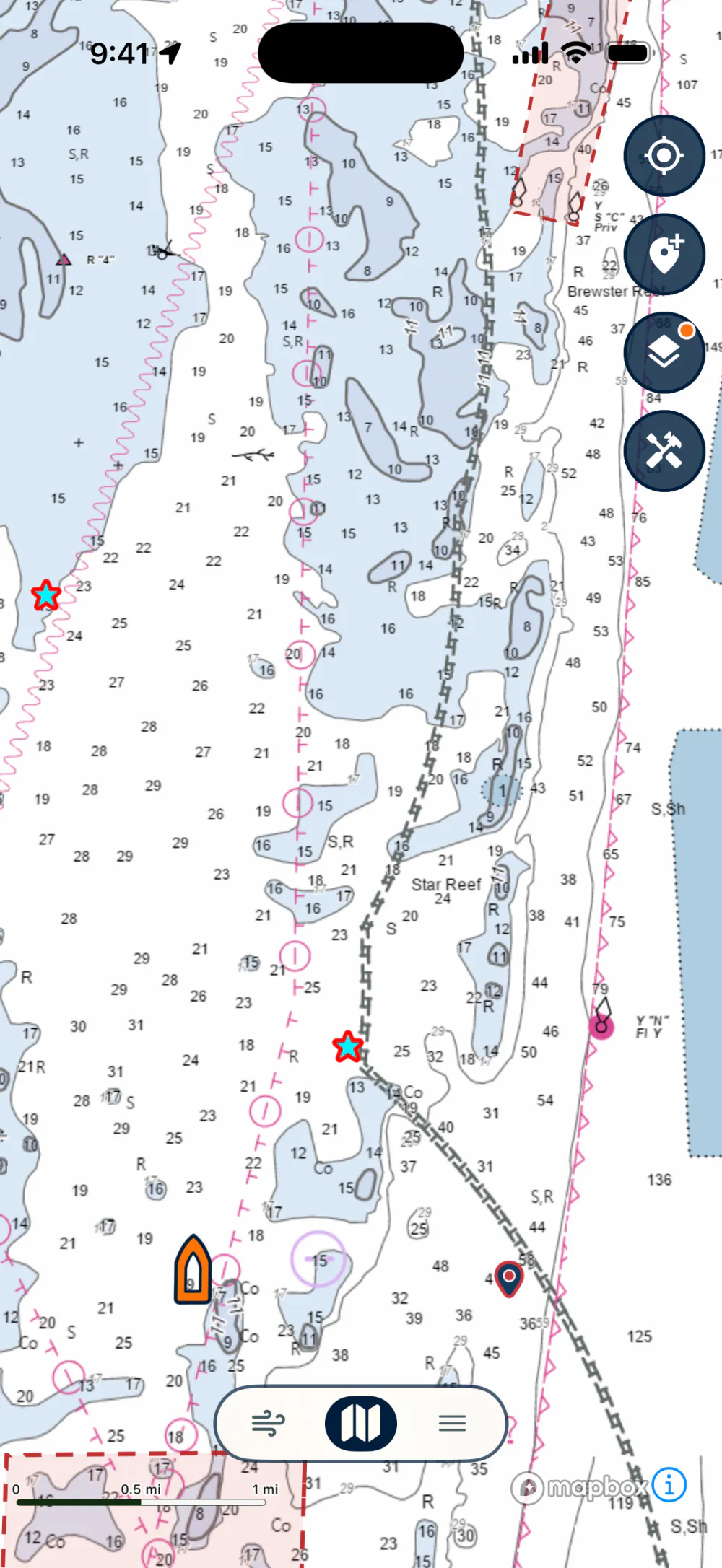Lobsterly app: NOAA nautical chart view with soundings, channel markers, and waypoints
