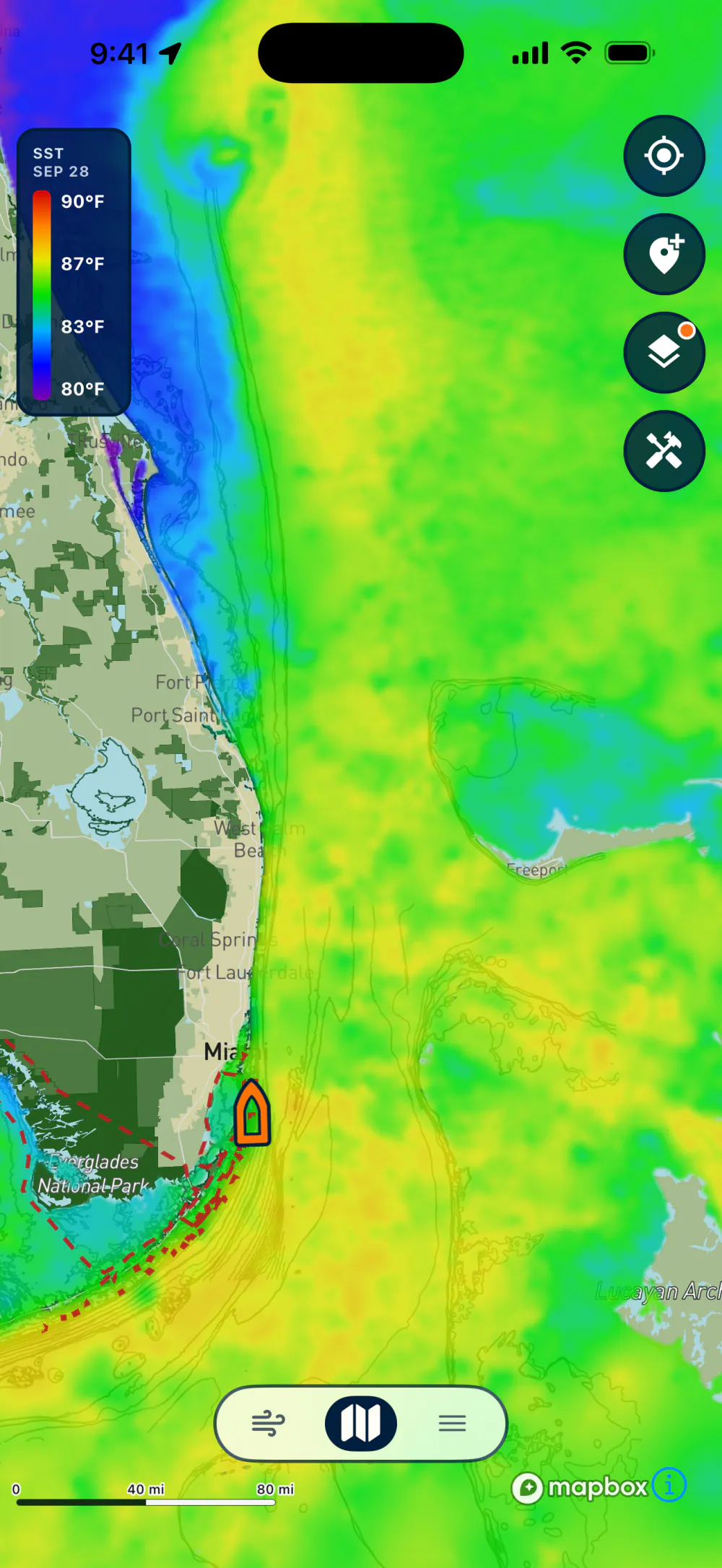 Lobsterly app showing the Sea Surface Temp ocean layer off South Florida