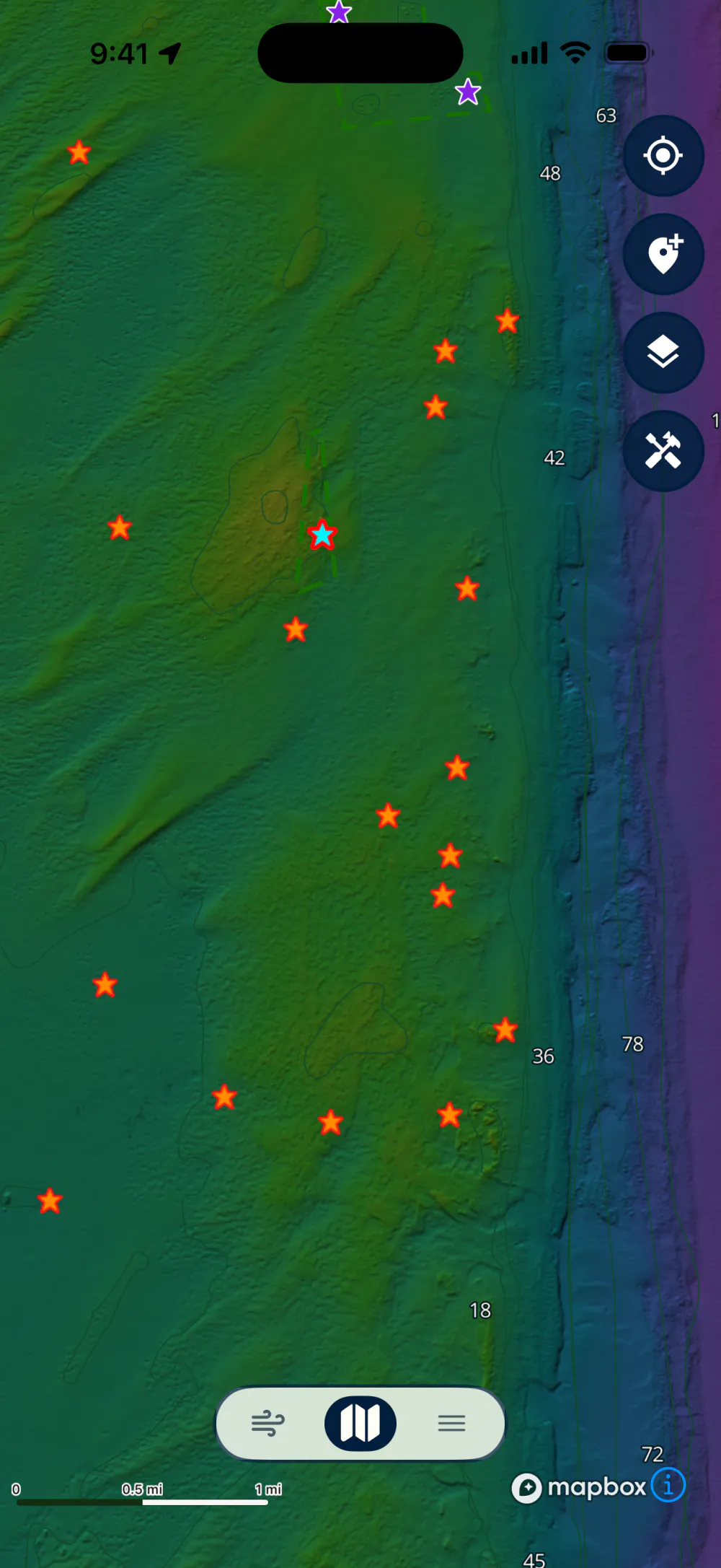 Lobsterly app showing lobster spots along a reef edge that drops into deeper water