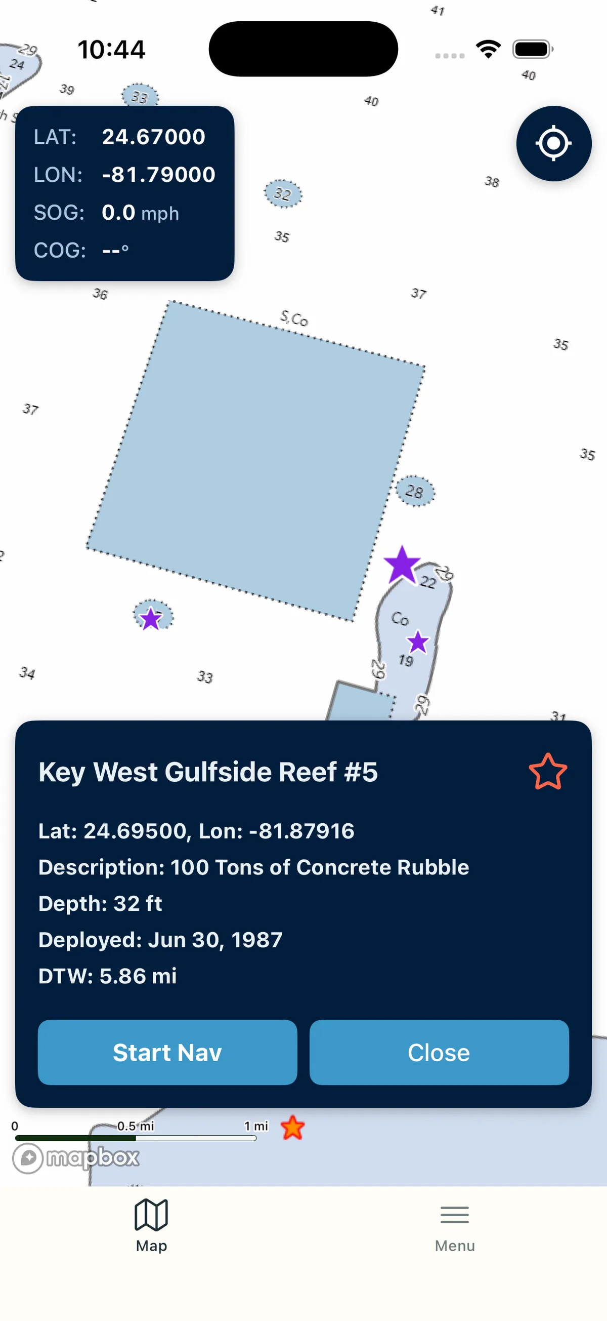 Lobsterly app, Artificial Reefs: Browse 4,500+ Florida public artificial reefs. Filter by county and depth, then navigate right to them.