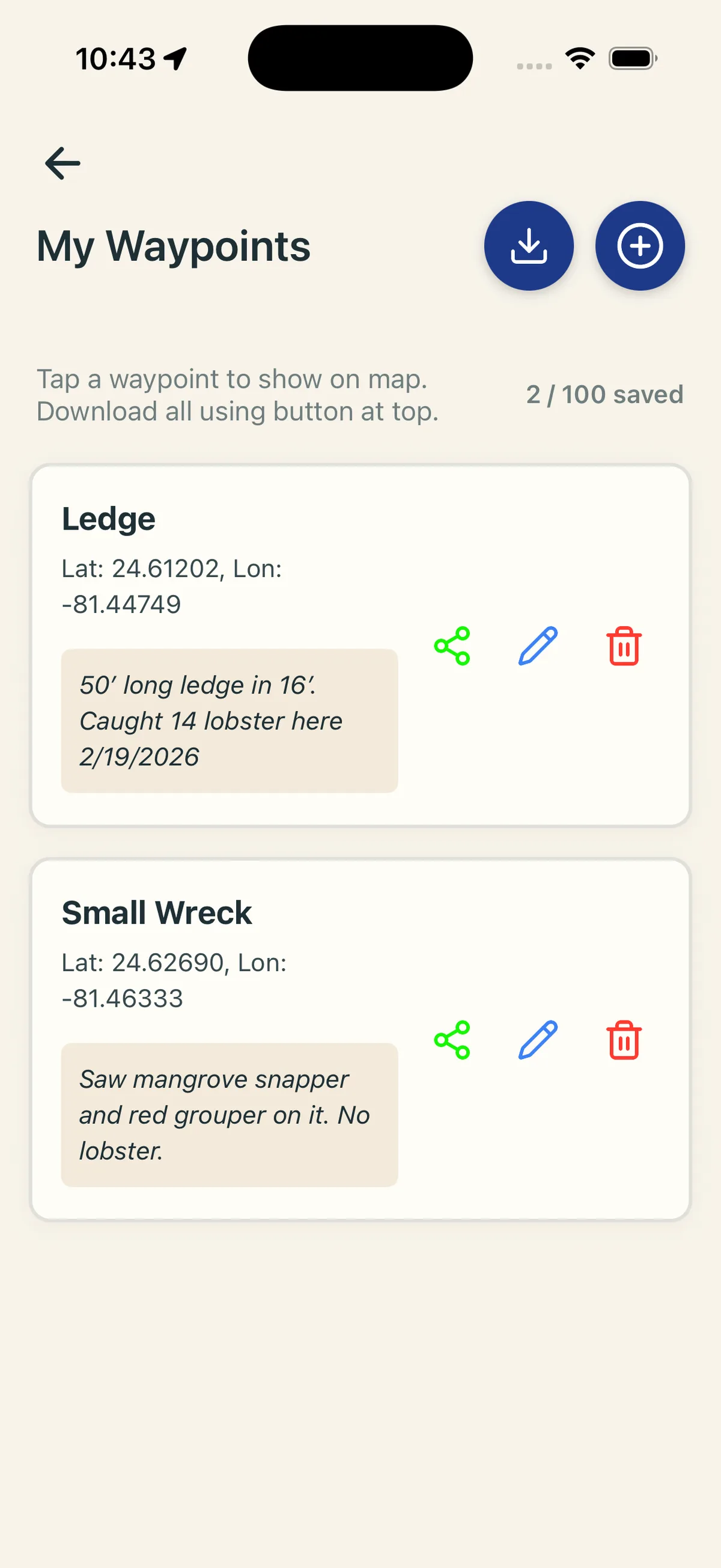 Lobsterly app, Save Your Own Spots: Drop your own waypoints, add notes, and export everything to CSV.