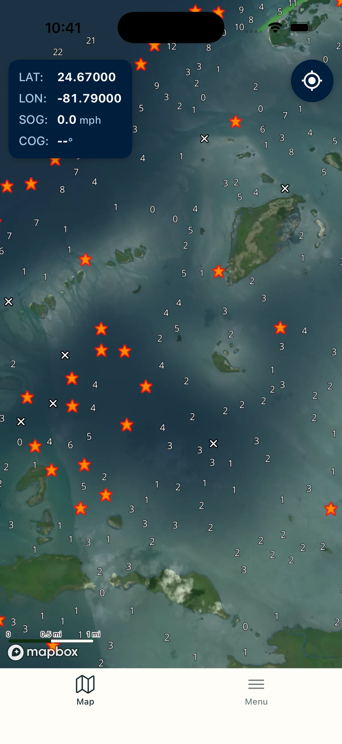 Lobsterly app showing lobster spots on a satellite map